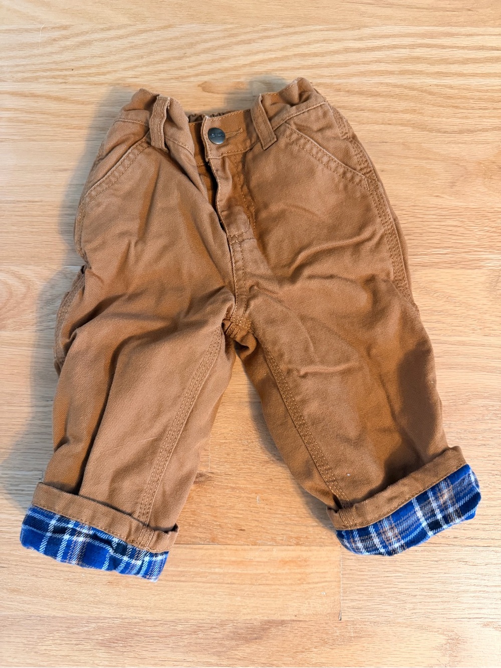 Toddler Carhartt Tan Flannel Lined Canvas Cargo Pants, Size 12 months